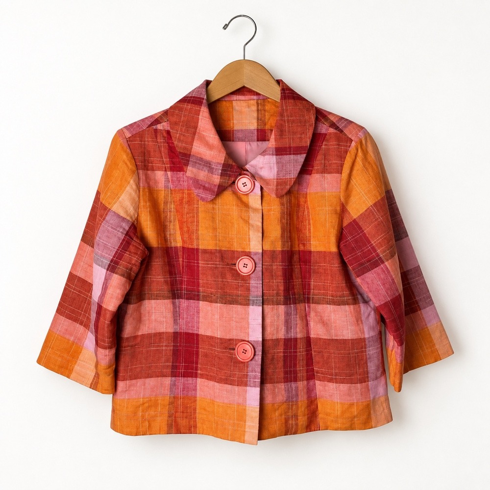 Silk Land Blazer Jacket Women Large Orange Red Plaid Linen Excellent Peter Pan